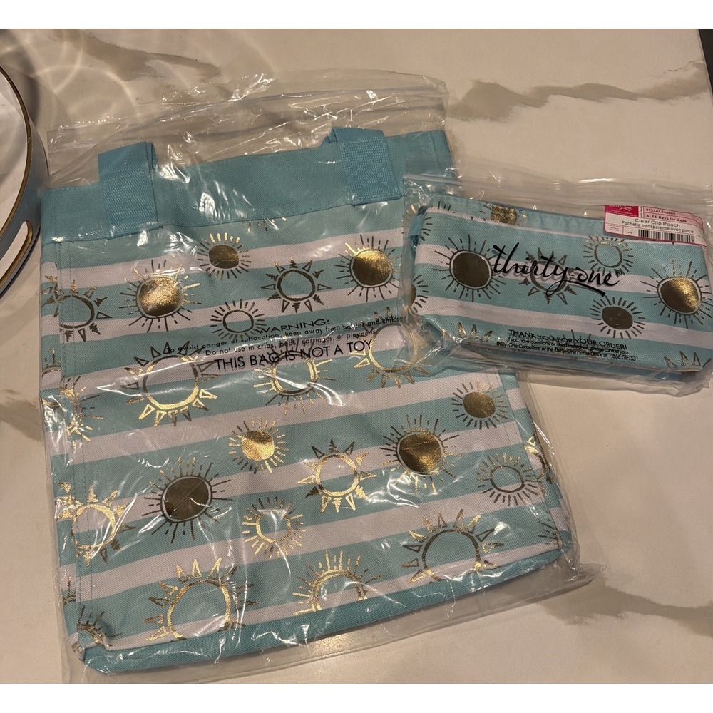 Thirty-One Bag Bundle Central Storage Tote + Clip Pouch Teal Gold White NWT